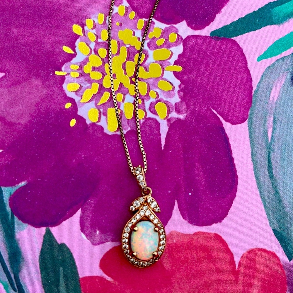 Lab created White Opal and White Sapphire Rose Gold 18” Necklace.